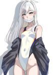  1girl black_jacket blue_archive breasts competition_swimsuit covered_navel grey_eyes halo highleg highleg_one-piece_swimsuit highres ito_(ito577) jacket kanna_(blue_archive) kanna_(swimsuit)_(blue_archive) konoka_(blue_archive) large_breasts long_hair looking_at_viewer mask mouth_mask one-piece_swimsuit ponytail simple_background small_breasts solo swimsuit white_background white_hair white_halo white_mask white_one-piece_swimsuit 