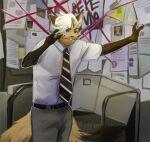 2_tails angry anthro background_text belt black_belt black_ears black_facial_markings black_hands black_spots bottomwear clothed clothing collared_shirt colored conspiracy_board detailed_background dress_pants facial_markings felid feline fluffy fluffy_tail fur gradient_fur grey_bottomwear grey_clothing grey_pants hair hands_open head_markings hi_res inner_ear_fluff it's_always_sunny_in_philadelphia male mammal markings multi_tail necktie pants paper pattern_necktie raised_arms rustyruu shaded shirt shirt_tucked_in solo spots standing striped_necktie tail tan_body tan_fur toasterstein topwear tuft white_hair white_inner_ear_fluff
