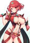  1girl absurdres armor baffu bangs blush breasts closed_mouth commentary_request covered_nipples earrings eyebrows_visible_through_hair fingerless_gloves fingernails gloves gradient gradient_background hands_up highres homura_(xenoblade_2) jewelry large_breasts looking_at_viewer navel red_eyes red_hair shiny shiny_hair shiny_skin short_hair short_sleeves shorts shoulder_armor simple_background solo stomach sweat sweatdrop thighhighs tiara xenoblade_(series) xenoblade_2 