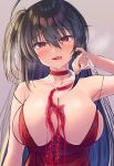  1girl ahoge alternate_costume azur_lane bangs bare_shoulders black_hair blush breasts choker cleavage cocktail_dress collarbone cup dress drinking_glass eyebrows_visible_through_hair eyelashes grey_background hair_between_eyes hand_up heavy_breathing honami_(yths4221) huge_breasts lips long_hair looking_at_viewer one_side_up open_mouth pouring_onto_self raised_eyebrows red_choker red_dress red_eyes red_wine seductive_smile simple_background skindentation smile solo strap_slip taihou_(azur_lane) taihou_(forbidden_feast)_(azur_lane) tongue tongue_out upper_body wine_glass 