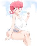  bare_shoulders braid breasts covered_nipples crossed_legs denim denim_shorts food genderswap genderswap_(mtf) highres large_breasts looking_at_viewer mogudan popsicle ranma-chan ranma_1/2 red_eyes red_hair saotome_ranma shorts single_braid sitting sketch tank_top 