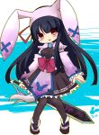  1girl black_dress black_hair brown_pantyhose capelet character_name chibi detached_sleeves dress emil_chronicle_online frilled_dress frills hair_ribbon holding holding_sword holding_weapon mitama_mikoto mmi open_mouth pantyhose pink_capelet pink_sleeves rabbit_ear_headwear red_eyes red_ribbon ribbon solo sword weapon 