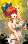  1girl bikini bow breasts bubble_tea bubble_tea_challenge drinking_straw green_eyes hair_bow hair_bun kenron_toqueen large_breasts navel open_mouth original red_hair side-tie_bikini skindentation swimsuit tomatita 