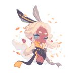  1girl ;3 alternate_costume alternate_hairstyle animal_ears black_shoes black_skirt black_vest blonde_hair blue_eyes blue_eyeshadow bright_pupils chibi chibi_only closed_mouth coin commentary cookie_run cookie_run:_kingdom curtained_hair dark-skinned_female dark_skin eyeshadow fake_animal_ears full_body gold_coin half_updo hand_up high_heels humanization looking_at_viewer makeup medium_skirt mozzarella_cookie one_eye_closed playboy_bunny rabbit_ears reed shoes short_hair_with_long_locks side_slit simple_background skirt symbol-only_commentary vest white_background white_pupils 