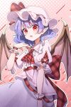  1girl absurdres ascot bat_wings blue_hair bow dot_nose feet_out_of_frame gagaku_kawa_rei halftone halftone_background hat hat_bow highres light_blush looking_at_viewer mob_cap open_mouth pink_shirt pink_skirt plaid_ascot plaid_bow plaid_clothes pointy_ears puffy_short_sleeves puffy_sleeves red_ascot red_bow red_eyes remilia_scarlet ribbon shirt short_hair short_sleeves skirt solo touhou wings 