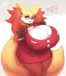  anthro big_breasts blush breasts canid canine cleavage clothed clothing delphox dialogue eyewear female glasses hi_res huge_breasts looking_at_viewer mammal nintendo open_mouth pok&eacute;mon pok&eacute;mon_(species) robe secretly_saucy simple_background solo teeth text tongue video_games wide_hips 
