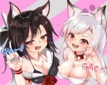  2girls :d animal_ear_fluff animal_ears aqua_nails azur_lane blush breasts bright_pupils budget_sarashi claw_pose cleavage collar collarbone eyebrows_visible_through_hair fang gao half-closed_eyes heart_collar long_hair looking_at_viewer medium_breasts moneko1107 multiple_girls nail_art nail_polish open_mouth orange_pupils pink_background red_collar red_eyes sarashi shigure_(azur_lane) shiny shiny_hair short_sleeves slit_pupils smile spiked_collar spikes thick_eyebrows upper_body wolf_ears wolf_girl yuudachi_(azur_lane) 