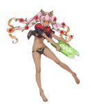  1girl bangs bare_legs barefoot bikini black_bikini black_jacket breasts criss-cross_halter cropped_jacket dark_skin eyebrows_visible_through_hair fire_emblem fire_emblem_heroes flower full_body fur_trim gradient gradient_hair hair_flower hair_ornament halterneck hibiscus highres holding jacket laevateinn_(fire_emblem_heroes) long_hair looking_away medium_breasts multicolored_hair navel official_art open_mouth orange_hair pink_hair plant red_eyes saitou_masatsugu shiny shiny_hair short_sleeves sidelocks solo stomach swimsuit toes transparent_background twintails v-shaped_eyebrows vines 