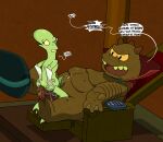 alien amphibiosan anal argon_vile balls belly butt cape chair clothing comedy_central cowgirl_position dialogue duo english_text erection from_front_position furniture futurama genitals hi_res humanoid kif_kroker lrrr_(futurama) male male/male male_penetrated male_penetrating male_penetrating_male nubbed_penis omicronian on_bottom on_top overweight penetration penis recliner sex sigh sitting size_difference text