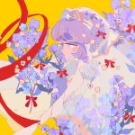  1girl blue_eyes bow commentary cookie_run cookie_run:_kingdom elbow_gloves film_grain flower gloves hair_flower hair_ornament hands_up holding humanization interlocked_fingers looking_at_flowers no_mouth no_pupils own_hands_clasped own_hands_together pastry_cookie purple_flower purple_gloves purple_hair red_bow red_ribbon reed ribbon see-through_clothes see-through_veil short_hair simple_background solo symbol-only_commentary upper_body veil white_flower white_veil yellow_background 