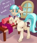  2019 anus butt coco_pommel_(mlp) dock earth_pony english_text equid equine female feral friendship_is_magic hair hi_res horse inside looking_back mammal multicolored_hair my_little_pony pony pussy sewing_machine skuttz solo teats text two_tone_hair window 
