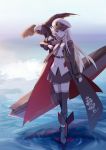  1girl absurdres azur_lane bald_eagle belt bird black_belt black_coat black_neckwear blue_sky boots breasts coat collared_shirt commentary day eagle english_commentary enterprise_(azur_lane) eyebrows_visible_through_hair hat highres large_breasts military military_hat miniskirt necktie ocean open_clothes open_coat outdoors peaked_cap purple_eyes rudder_footwear shirt silver_hair skirt sky sleeveless sleeveless_shirt solo suprii thighhighs underbust white_headwear 