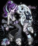  2girls :d aqua_hair baggy_pants belt black_background black_belt black_jacket black_shirt blue_hair blue_nails blue_skin bracelet breasts character_name colored_skin commentary_request curly_hair denim denim_skirt dot_nose finger_to_own_chin full_body grey_pants grey_skirt hair_ornament halftone hand_on_own_hip hand_up head_tilt high_ponytail highres hood hood_down hooded_jacket horns jacket jewelry korean_commentary leggings long_hair long_sleeves miniskirt multicolored_hair multiple_girls my_little_pony my_little_pony:_equestria_girls my_little_pony:_friendship_is_magic nail_polish necktie o-ring o-ring_belt open_mouth outline pants partially_unzipped plaid_clothes plaid_skirt pleated_skirt polka_dot_necktie ponytail purple_eyes purple_hair purple_leggings purple_nails purple_necktie shirt shoes short-sleeved_jacket short_sleeves simple_background single_horn skirt sleeves_past_wrists small_breasts smile sneakers standing standing_on_one_leg star_(symbol) star_hair_ornament star_print star_symbol_background starlight_glimmer starlight_glimmer_(equestria_girls) streaked_hair striped_leggings studded_belt studded_bracelet tgyten tongue track_jacket trixie_lulamoon trixie_lulamoon_(equestria_girls) tsurime turtleneck turtleneck_jacket two-tone_hair two-tone_leggings two-tone_necktie unicorn unicorn_girl unicorn_horn very_long_hair white_belt white_hair white_jacket white_leggings white_necktie white_outline white_shoes 