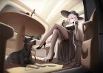  1girl absurdres azur_lane black_dress black_hat black_shoes bottle breasts cleavage crossed_legs cup dog dress drinking_glass hat high_heels highres large_breasts long_hair looking_at_viewer official_alternate_costume red_eyes scylla_(azur_lane) scylla_(bathed_in_the_limelight)_(azur_lane) shiran1024 shoes sitting solo table white_hair wine_bottle wine_glass 