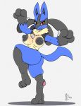  2019 3_fingers 3_toes annoyed areola big_breasts big_butt black_fur black_nipples blue_fur blush breasts butt chest_tuft digital_media_(artwork) female fur hi_res huge_breasts lucario meatboom neck_tuft nintendo nipples nude pawpads pok&eacute;mon pok&eacute;mon_(species) pose red_eyes signature simple_background snout solo spikes standing tan_fur teeth toes tuft video_games white_background 