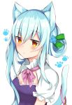  1girl animal_ear_fluff animal_ears asymmetrical_hair bangs blue_flower blue_hair blush bow breasts brown_eyes cat_ears cat_girl cat_tail cleavage closed_mouth commentary_request dress eyebrows_visible_through_hair flower green_bow hair_between_eyes hair_bow hair_flower hair_ornament hair_rings long_hair maki_soutoki original paw_background pink_bow puffy_short_sleeves puffy_sleeves purple_dress short_sleeves simple_background small_breasts solo tail tail_raised very_long_hair white_background 