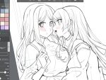  2girls art_program_in_frame averting_eyes bang_dream! bang_dream!_it's_mygo!!!!! blush breasts chihaya_anon choker closed_mouth commentary_request extreme_yuri_buta fang greyscale highres large_breasts long_hair monochrome multiple_girls nagasaki_soyo open_mouth sidelocks skin_fang twirling_hair unfinished yuri 