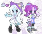  2girls :< :3 animal animalization anklet apron arm_at_side back-to-back black_boots black_socks blue_apron blue_eyes blue_hair blue_skin blunt_bangs blush_stickers boots bracelet breasts buttons cat colored_skin curly_hair deformed denim denim_apron flat_chest frilled_skirt frills full_body green_socks grey_shoes hair_ornament halftone halftone_background hand_on_own_hip hat high_ponytail highres jewelry kneehighs legs_apart long_hair looking_at_viewer medium_skirt multicolored_hair multiple_girls my_little_pony my_little_pony:_equestria_girls my_little_pony:_friendship_is_magic person_and_animalization plaid_clothes plaid_shirt platform_boots pointing pointing_at_self pointing_with_thumb ponytail puffy_short_sleeves puffy_sleeves purple_eyes purple_hair purple_hat purple_shirt purple_skin raised_eyebrow recursive_animalization shirt shoelaces shoes short_sleeves simple_background single_blush_sticker skirt small_breasts socks standing star_(symbol) star_hair_ornament star_print starlight_glimmer starlight_glimmer_(equestria_girls) streaked_hair tgyten three-quarter_sleeves trixie_lulamoon trixie_lulamoon_(equestria_girls) two-tone_hair two-tone_shirt two-tone_socks v very_long_hair white_background white_hair white_shirt white_skirt wizard_hat zoom_layer 