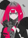  absurdres baobhan_sith_(fate) baobhan_sith_(over_the_same_sky)_(fate) black_flower black_kimono black_rose braid fate/grand_order fate_(series) flower gloves grey_eyes grey_gloves highres japanese_clothes kimono koma315ht looking_at_viewer pointy_ears red_hair rose signature single_braid solo 
