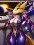  3:4 airwing anthro blue_eyes blue_fur blue_hair breasts canid canine cheek_tuft chest_tuft curvaceous digimon digimon_(species) dipstick_ears duo female fox fur general-irrelevant hair hi_res inner_ear_fluff krystal looking_at_viewer mammal mature_female multicolored_ears navel nintendo nipple_outline renamon star_fox thick_thighs tuft video_games white_fur wide_hips yellow_fur 