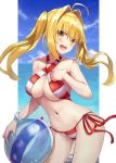  1girl :d absurdres ahoge ball bare_arms bare_shoulders beachball bead_bracelet beads bikini blonde_hair bracelet breasts cleavage collarbone commentary_request contrapposto cowboy_shot criss-cross_halter fate/grand_order fate_(series) floating_hair gatling033 hair_intakes halterneck highres jewelry large_breasts long_hair looking_at_viewer navel nero_claudius_(fate)_(all) nero_claudius_(swimsuit_caster)_(fate) open_mouth red_bikini side-tie_bikini sidelocks smile solo standing stomach striped striped_bikini swimsuit thighs twintails yellow_eyes 
