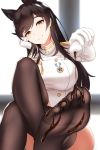  1girl animal_ears atago_(azur_lane) azur_lane bangs black_hair black_legwear blurry blurry_background blush bottle breasts brown_eyes chocolate_on_foot closed_mouth crossed_legs damao_yu extra_ears eyebrows_visible_through_hair feet foot_up gloves hair_ribbon head_on_hand head_tilt highres holding holding_bottle indoors jacket large_breasts long_hair looking_at_viewer military military_uniform mole mole_under_eye pouring revision ribbon sidelocks sitting smile soles solo swept_bangs thighhighs toes uniform white_jacket white_ribbon 
