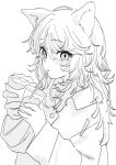  1girl absurdres animal_ear_fluff animal_ears drinking_straw food greyscale highres long_sleeves looking_at_viewer monochrome original solo takaya_riku upper_body white_background 