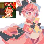  1girl back_bow black_bow bow closed_mouth collared_dress commentary cookie_run cookie_run:_ovenbreak dress film_grain fur-trimmed_dress fur_trim game_screenshot_inset hair_bow highres holding holding_stuffed_toy humanization lollipop_cookie looking_ahead multicolored_hair puffy_short_sleeves puffy_sleeves red_dress red_eyes red_hair reed reference_inset short_sleeves simple_background smile solo streaked_hair stuffed_animal stuffed_toy symbol-only_commentary teddy_bear two-tone_hair white_background white_hair 