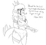 2024 anthro aquilops arsenic_iii bible_verse blood bodily_fluids bra breasts cavemanon_studios ceratopsian cigarette cigarette_in_mouth cleavage clothed clothing cosplay cross cross_necklace crossover crossover_cosplay dialogue dinosaur dress english_text eyelashes facial_horn female goodbye_volcano_high gun hair head_spikes hi_res holding_gun holding_object holding_ranged_weapon holding_shotgun holding_weapon horn jewelry long_hair long_tail marginocephalian monochrome necklace nose_horn object_in_mouth ornithischian prehistoric_species project_zomboid ranged_weapon reptile rosa_(gvh) scalie shotgun smoking smoking_cigarette snoot_game solo spiked_tail spikes spikes_(anatomy) tail text the_indie_stone torn_clothing torn_dress underwear weapon