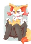  3_toes 4_fingers :&lt; anthro black_fur black_nose blush braixen breasts canid canine cheek_tuft chest_tuft countershade_face countershading dipstick_tail featureless_breasts featureless_crotch female fur hi_res inner_ear_fluff kemono looking_at_viewer mammal mo&quot; multicolored_fur multicolored_tail nintendo orange_fur orange_tail pink_eyes pok&eacute;mon pok&eacute;mon_(species) red_fur sitting solo toes tuft video_games white_countershading white_fur yellow_ears yellow_fur yellow_tail 