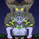  1:1 ambiguous_penetration animated batartcave bodily_fluids bottomless breasts clothed clothing cum cum_inside digital_media_(artwork) female from_behind_position front_view genital_fluids green_eyes horn humanoid looking_at_viewer low_res male male/female monster mordesh nipples penetration pixel_(artwork) pixel_animation purple_skin sex wildstar yellow_eyes 