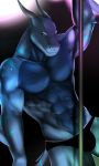  2019 alternate_version_at_source anthro blue_body bulge clothed clothing hi_res horn lizard looking_at_viewer male mizutatsu_tsunami muscular muscular_male navel pole purple_eyes reptile scalie simple_background skimpy smile solo stripper_pole tipsycanvas underwear 