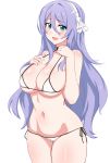  1girl :d aqua_eyes bangs bare_arms bare_shoulders bikini black_choker breasts choker cleavage cowboy_shot hair_between_eyes hairband halterneck hand_on_own_chest hands_up highres hoshino_shizuru large_breasts long_hair looking_at_viewer micro_bikini navel open_mouth princess_connect! princess_connect!_re:dive purple_hair seihekiog side-tie_bikini simple_background smile solo standing stomach swimsuit thighs very_long_hair white_background white_bikini 