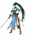  1girl black_gloves blue_dress boots delsaber dress earrings fingerless_gloves fire_emblem fire_emblem:_rekka_no_ken gloves green_eyes green_hair highres jewelry katana long_hair looking_at_viewer lyndis_(fire_emblem) ponytail rope_belt sheath smile sword weapon 