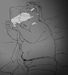  2019 angry anthro bed belly bulge canid canine canis clothing domestic_dog hi_res humanoid_hands lying male mammal overweight overweight_male phone pillow solo unagiga_hitotsu underwear 