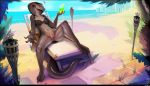  2019 3_toes 5_fingers absurd_res anthro beach beverage bottomless breasts catcouch claws clothed clothing detailed_background fan_character female hi_res looking_at_viewer lying navel pussy reptile scalie seaside smile snake solo toes tongue water 