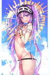  1girl bikini bracelet eyebrows_visible_through_hair fate/grand_order fate_(series) flat_chest halo hands_on_own_chest jewelry long_torso navel open_mouth purple_eyes purple_hair smile solo stheno swimsuit tagme thong_bikini twintails untied_bra untsue 