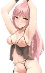  1girl armpits arms_up babydoll blush braid breasts closed_mouth cupless_babydoll embarrassed english_commentary fire_emblem fire_emblem:_kakusei fire_emblem_heroes garter_belt lingerie long_hair looking_away medium_breasts navel nipples olivia_(fire_emblem) one_side_up out-of-frame_censoring pink_eyes pink_hair simple_background skeptycally solo twin_braids underwear underwear_only white_background 