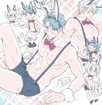  5boys animal_ears bedivere blue_eyes blue_hair blush bow bowtie bunny_boy bunny_ears closed_eyes detached_collar fake_animal_ears fate/grand_order fate_(series) galahad_(fate) gawain_(fate/extra) hair_over_one_eye lancelot_(fate/grand_order) limited_palette multiple_boys red_neckwear shirtless shorts spill suspender_shorts suspenders toned toned_male tray tristan_(fate/grand_order) wrist_cuffs 