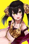  1girl :d animal_print bangs black_hair blush breasts cleavage collarbone commentary eyebrows_visible_through_hair gomashi_(goma) hair_between_eyes heart heart_necklace highres idolmaster idolmaster_cinderella_girls legs_together leopard_print long_hair looking_at_viewer matoba_risa midriff navel open_mouth panties revision self_shot sidelocks simple_background sitting small_breasts smile solo sweatdrop thighs twintails underwear v-shaped_eyebrows yellow_background yellow_eyes 