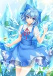  1girl artist_name bangs bloomers blue_bow blue_dress blue_eyes blue_hair blue_sky blush bow breasts chinese_commentary cirno commentary_request cowboy_shot day dress eyebrows_visible_through_hair frog frozen_frog hair_between_eyes hair_bow hand_up hei_kuang_jun highres ice ice_wings looking_at_viewer neck_ribbon outdoors pinafore_dress puffy_short_sleeves puffy_sleeves red_neckwear red_ribbon ribbon shirt short_hair short_sleeves signature sky small_breasts smile solo standing sun touhou underwear white_bloomers white_shirt wings 