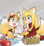  2019 anthro black_nose blue_eyes blush canid canine clothing dipstick_tail duo eyewear female footwear fox fur gloves goggles handwear male mammal miles_prower multicolored_tail myutausagi open_mouth signature sonic_(series) sonic_boom video_games white_fur yellow_fur zooey_the_fox 