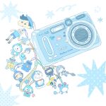  adventure_time blue_theme bubbles_(ppg) camera character_charm character_request charm_(object) chuu_totoro commentary cookie_monster copyright_request digital_camera doraemon doraemon_(character) dororo_(keroro_gunsou) english_text finn_the_human hangyodon highres keroro_gunsou kodak_(company) kunai marill pokemon pokemon_(creature) powerpuff_girls sanrio sesame_street shuriken squirtle star_(symbol) sticker summernight_12 symbol-only_commentary tonari_no_totoro tuxedo_sam weapon white_background 