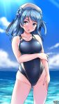  1girl beach blue_eyes blue_hair blue_sky blue_swimsuit blush breasts cloud cloudy_sky collarbone competition_swimsuit covered_navel cowboy_shot dated day double_bun eyebrows_visible_through_hair hair_between_eyes hat highres horizon kantai_collection large_breasts looking_at_viewer ocean one-piece_swimsuit open_mouth outdoors sailor_hat signature sky solo standing sunlight swimsuit tsuchimiya urakaze_(kantai_collection) water white_headwear 