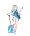 1girl bag bangs bare_shoulders cape collarbone fire fire_emblem fire_emblem_heroes flat_chest flower full_body gradient gradient_hair hair_flower hair_ornament hairband hand_up highres holding leg_up light_blue_hair multicolored_hair official_art one-piece_swimsuit open_mouth purple_eyes rake sandals shiny shiny_hair short_hair silver_hair smile solo swimsuit tobi_(kotetsu) toes transparent_background ylgr_(fire_emblem_heroes) 