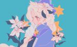  1girl aged_down aqua_background blue_capelet blue_hat blush book braid braided_ponytail brooch capelet closed_mouth collared_capelet commentary cookie_run cookie_run:_kingdom film_grain flower from_side hair_flower hair_ornament hat holding holding_book humanization jewelry leaf long_hair long_sleeves looking_at_flowers red_eyes reed shirt simple_background single_braid solo star_brooch symbol-only_commentary upper_body white_flower white_lily white_lily_cookie white_shirt 