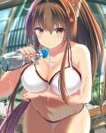  1girl :/ ass_visible_through_thighs bangs bikini blush bottle breast_hold breasts brown_eyes brown_hair bust_cup closed_mouth collarbone commentary_request cowboy_shot day eyebrows_visible_through_hair fisheye food fruit hair_between_eyes hair_intakes hair_ornament highres kantai_collection kayari_buta kuroame_(kurinohana) large_breasts leaning_forward long_hair looking_at_viewer navel outdoors plump ponytail pouring ramune red_eyes revision shiny shiny_hair skindentation solo summer sunlight swimsuit veranda very_long_hair watermelon wet white_bikini yamato_(kantai_collection) 