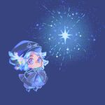  1girl :o anchor_print ankle_boots black_boots black_hat black_jacket blue_background blue_hair blue_theme boots chibi chibi_only commentary cookie_run cookie_run:_kingdom glowing grey_pants hat highres jacket long_sleeves looking_at_object looking_up no_sclera open_mouth pants parted_bangs puffy_pants reed short_hair simple_background sleeves_past_fingers sleeves_past_wrists solo sparkling_eyes star_(symbol) star_coral_cookie symbol-only_commentary 