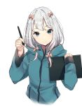  1girl arms_behind_back bangs blue_eyes bow eromanga_sensei eyebrows_visible_through_hair gradient gradient_background hair_bow hair_ornament head_tilt hood hoodie izumi_sagiri jacket long_hair long_sleeves looking_at_viewer pen pink_bow pout ribbon_hair seki_(l0410706268) silver_hair simple_background solo tablet_pc white_hair 