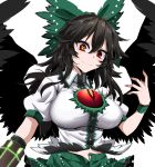  1girl arm_cannon bangs black_hair black_wings bow breasts commentary_request eyebrows_visible_through_hair feathered_wings green_bow green_skirt hair_between_eyes hair_bow hand_up head_tilt highres large_breasts long_hair looking_at_viewer miniskirt nail_polish navel puffy_short_sleeves puffy_sleeves radiation_symbol red_eyes red_nails reiuji_utsuho rihito_(usazukin) shirt short_sleeves simple_background skirt smile solo symbol-shaped_pupils touhou upper_body weapon white_background white_shirt wing_collar wings 